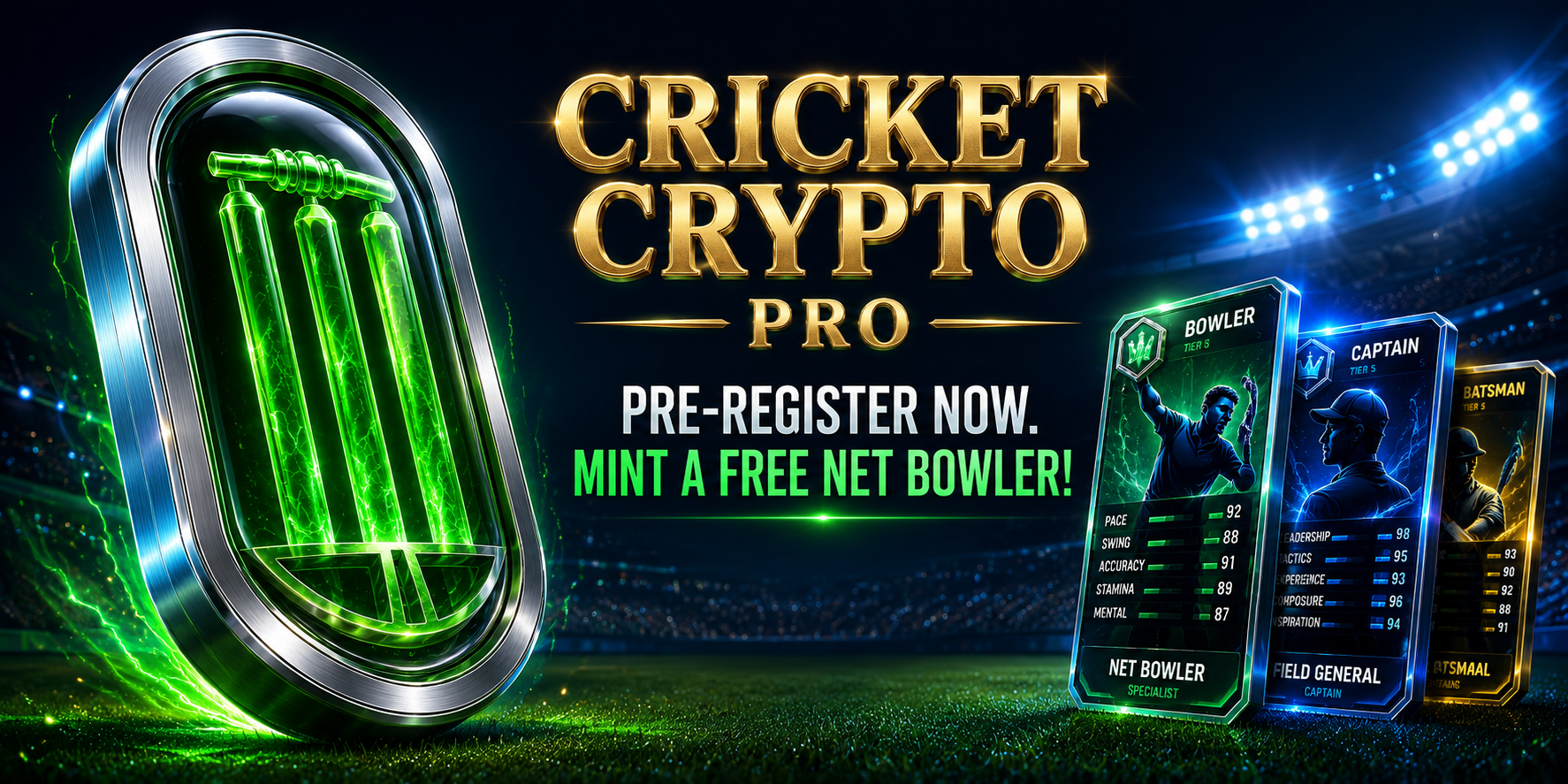 Cricket Crypto Pro pre-registration banner featuring a Net Bowler token and player cards