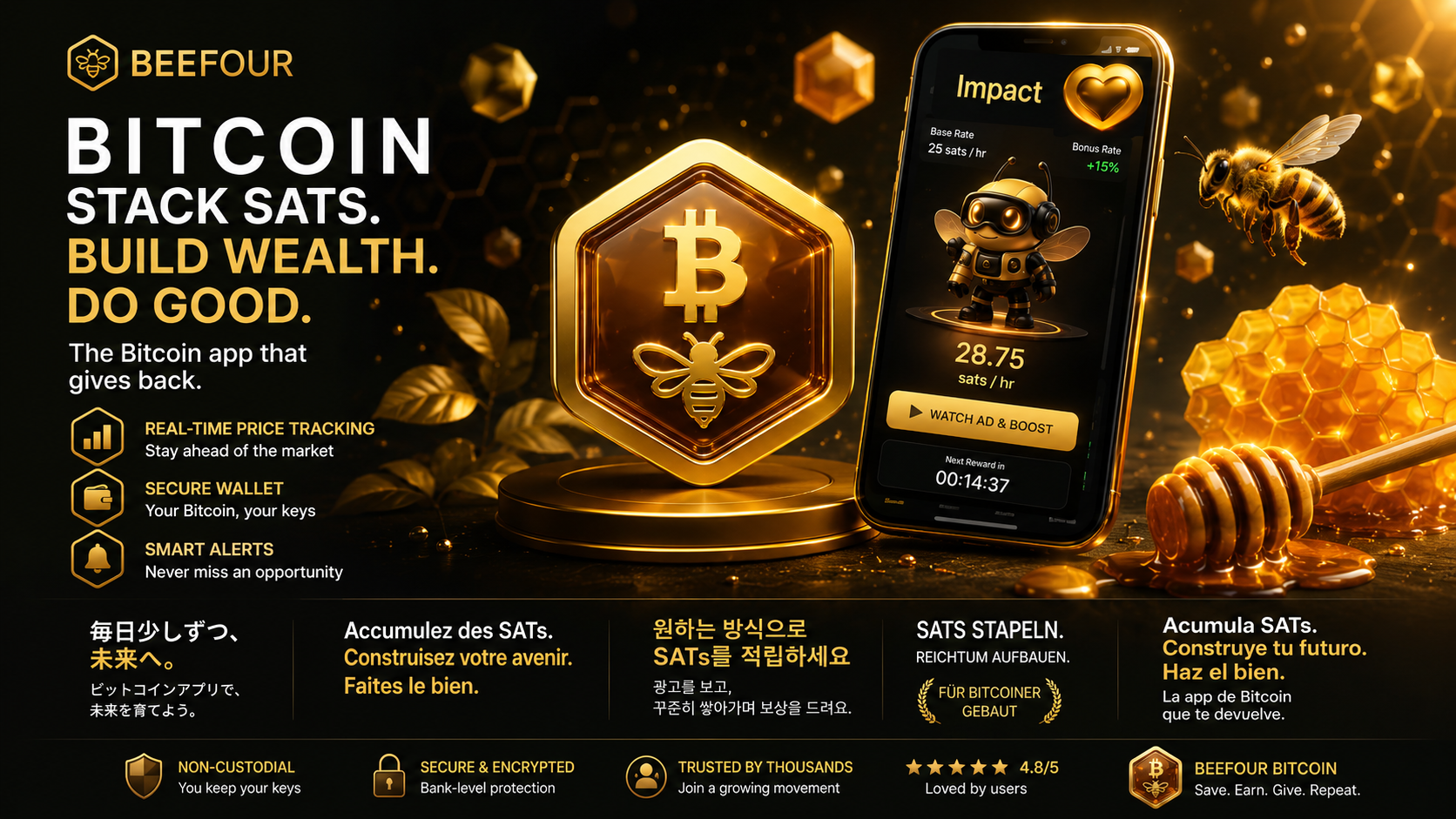 BeeFour Bitcoin Global Swarm Feature Graphic showing localized interfaces for Western, German, and Eastern configurations